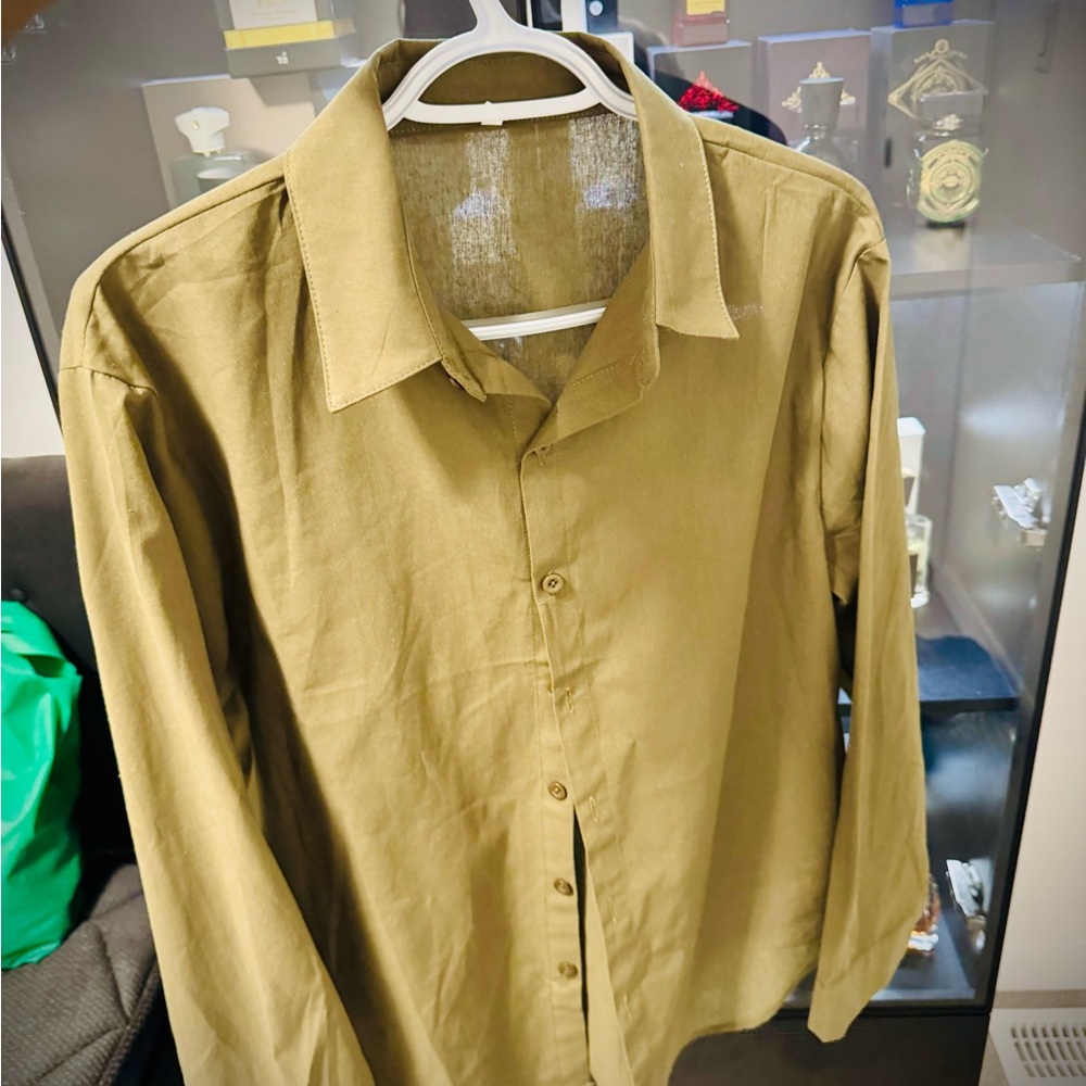 Men's Olive Green linen Long-Sleeve Button-Up Shirt